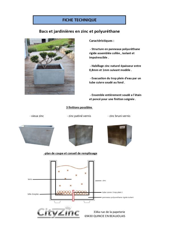 FICHE TECHNIQUE BACS ET JARDINIERES ZINC POLYURETHANE